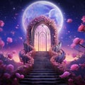 Enchanted Staircase: Moonlit Beauty and Floral Splendor