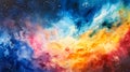 A mesmerizing cosmic watercolor painting, blending blues, pinks, and oranges to depict a vibrant nebula