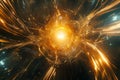 A mesmerizing cybernetic light explosion, radiating glowing data particles, swirling digital energy