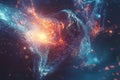 A mesmerizing cybernetic light explosion, radiating glowing data particles, swirling digital energy