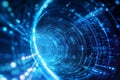 A mesmerizing cybernetic light tunnel filled with glowing data streams, holographic projections, and