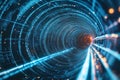 A mesmerizing cybernetic light tunnel filled with glowing data streams, holographic projections, and