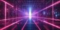 A mesmerizing 3D abstract background displaying an infinite loop of pulsating neon grids, floating