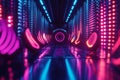 A mesmerizing 3D abstract background featuring a floating neon speaker emitting swirling,