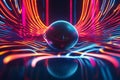 A mesmerizing 3D abstract background featuring a floating neon speaker emitting swirling,
