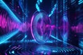 A mesmerizing 3D abstract background featuring a floating neon speaker emitting swirling,