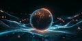 A mesmerizing 3D abstract background showcasing a glowing sphere of pulsating neon frequencies,