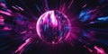 A mesmerizing 3D abstract background showcasing a glowing sphere of pulsating neon frequencies,