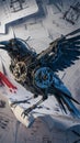 A mesmerizing 3D render of a futuristic, mechanical crow, meticulously crafted from metallic parts, cogs, and gears