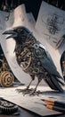 A mesmerizing 3D render of a futuristic, mechanical crow, meticulously crafted from metallic parts, cogs, and gears