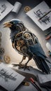 A mesmerizing 3D render of a futuristic, mechanical crow, meticulously crafted from metallic parts, cogs, and gears