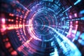 A mesmerizing 3D-rendered data tunnel, composed of swirling neon binary code, floating cybernetic