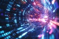 A mesmerizing 3D-rendered data tunnel, composed of swirling neon binary code, floating cybernetic