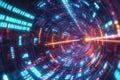 A mesmerizing 3D-rendered data tunnel, composed of swirling neon binary code, floating cybernetic