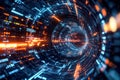 A mesmerizing 3D-rendered data tunnel, composed of swirling neon binary code, floating cybernetic