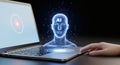 Artificial Intelligence Concept Digital Human Head AI Hologram Emerging from a Laptop Keyboard Representing Machine Learning Data Royalty Free Stock Photo