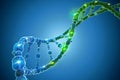 Mesmerizing 3D rendering of a DNA double helix with blue and green glowing particles, showcasing the intricate complexity and b