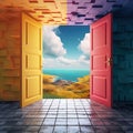 Mesmerizing 3D scene with two distinct colored doors leading to breathtaking natural vistas.