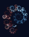 Mesmerizing 3d shape of Fibonacci spiral in frozen blue and wine colors over dark background.