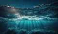 Mesmerizing Deep Blue Ocean Waves Underwater Background with Micro Particles Flowing. Perfect for Web Design.