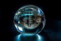 Ai Generative Bitcoin in a crystal ball on a black background. Bitcoin is reflected in a crystal ball. Cryptocurrency concept Royalty Free Stock Photo