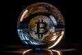 Ai Generative Bitcoin in a crystal ball on a black background. Bitcoin is reflected in a crystal ball. Cryptocurrency concept Royalty Free Stock Photo