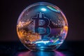 Ai Generative Bitcoin in a crystal ball on a black background. Bitcoin is reflected in a crystal ball. Cryptocurrency concept Royalty Free Stock Photo