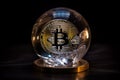 Ai Generative Bitcoin in a crystal ball on a black background. Bitcoin is reflected in a crystal ball. Cryptocurrency concept Royalty Free Stock Photo