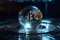Ai Generative Bitcoin in a crystal ball on a black background. Bitcoin is reflected in a crystal ball. Cryptocurrency concept Royalty Free Stock Photo