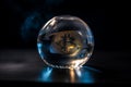 Ai Generative Bitcoin in a crystal ball on a black background. Bitcoin is reflected in a crystal ball. Cryptocurrency concept Royalty Free Stock Photo