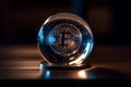 Ai Generative Bitcoin in a crystal ball on a black background. Bitcoin is reflected in a crystal ball. Cryptocurrency concept Royalty Free Stock Photo