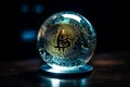 Ai Generative Bitcoin in a crystal ball on a black background. Bitcoin is reflected in a crystal ball. Cryptocurrency concept Royalty Free Stock Photo