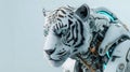 mesmerizing depiction of robotic entity adorned with head of a albino tiger,blending attributes of artificial intelligence with