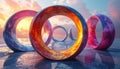 A mesmerizing digital art composition featuring a series of colossal reflective rings arranged dynamically on a wet textured Royalty Free Stock Photo