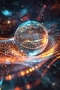 Futuristic Digital Art: Radiant Orb Amidst Holographic Light and Data Waves Royalty Free Stock Photo