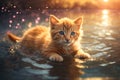 A Cherished Kitten Gracefully Swimming in the Radiant Glow of the Setting Sun