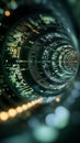Exploring an abstract digital tunnel filled with vibrant lights and binary codes in a futuristic environment Royalty Free Stock Photo