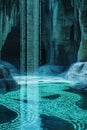 Digital Waterfall of Binary Code Flowing in a Cave Environment