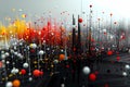 An abstract background features floating spheres and lines in red, yellow, white, and black, defying gravity Royalty Free Stock Photo