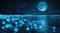 Mesmerizing Display of Bioluminescent Plankton in Moonlit Ocean