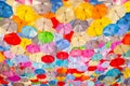 A mesmerizing display of countless colorful umbrellas creating a stunning canopy overhead. Perfect for concepts related to