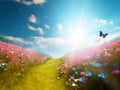 A Mesmerizing Dreamland: Fantasy Landscape of Colorful Spring Flowers and Butterflies Royalty Free Stock Photo