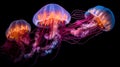 The mesmerizing elegance of jellyfish as they gracefully drift through the ocean depths. dark background.