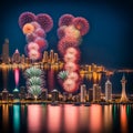 Mesmerizing Fireworks Symphony Over the Waterfront Royalty Free Stock Photo