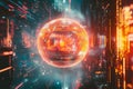 A mesmerizing floating AI-driven data sphere, surrounded by glowing cybernetic energy waves,