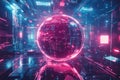 A mesmerizing floating AI-driven data sphere, surrounded by glowing cybernetic energy waves,