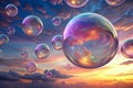 Mesmerizing Floating Bubbles Reflecting Colorful Sunset Sky Clouds