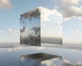 Mesmerizing Floating Cube with Mirror Reflections Suspended in Midair