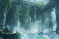 A mesmerizing floating garden temple 3D background room suspended in the sky, with ancient stone