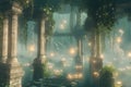 A mesmerizing floating garden temple 3D background room suspended in the sky, with ancient stone